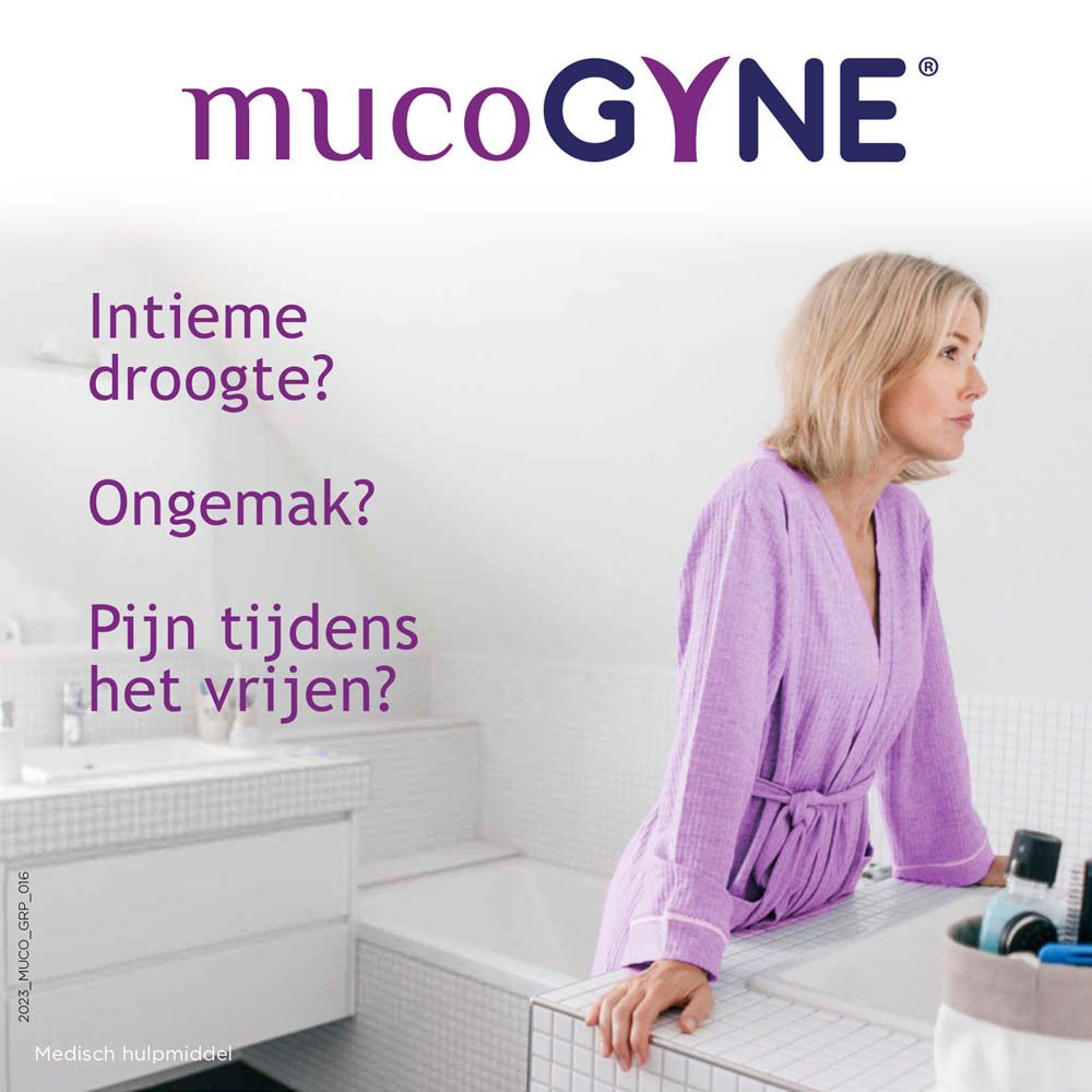 Verpakking Mucogyne. Tekst en logo. Witte achtergrond.
