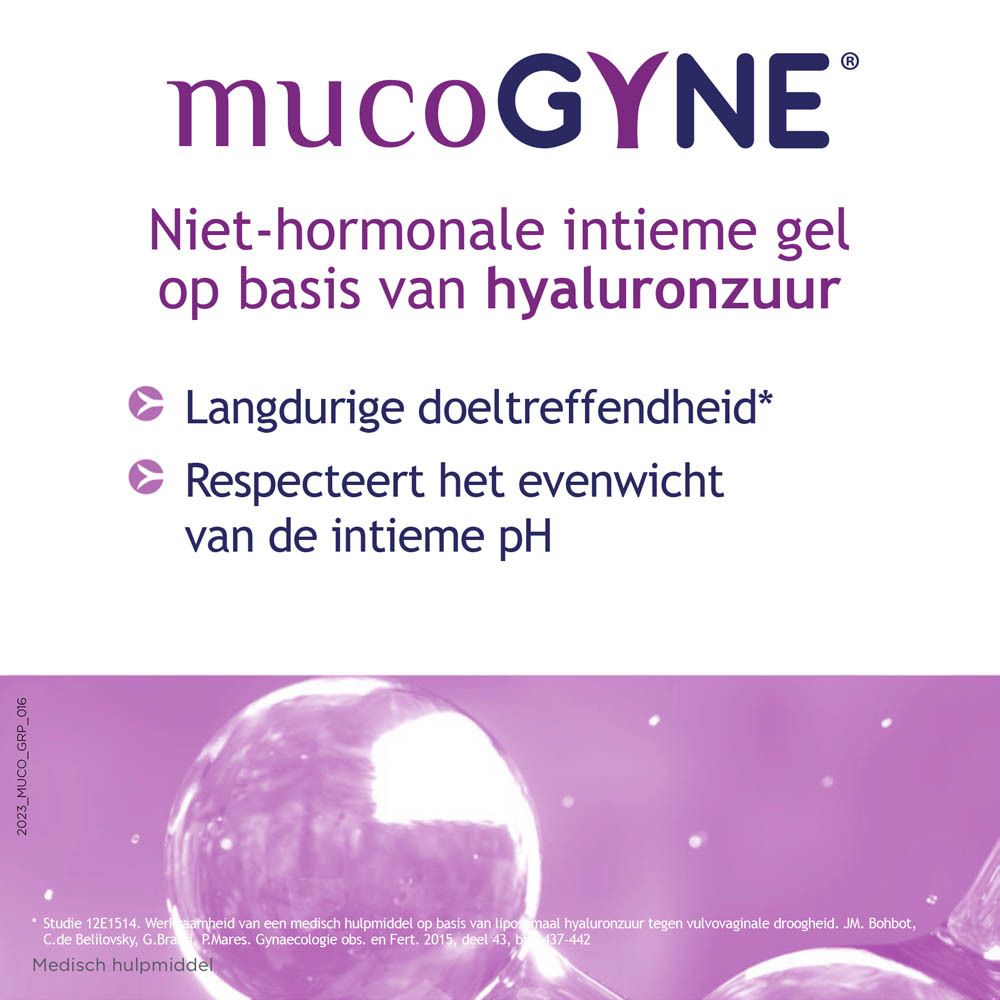 Verpakking Mucogyne. Tekst en logo. Witte achtergrond.