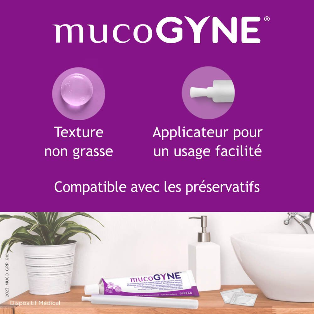Boîte Mucogyne. Texte et logo. Fond blanc.
