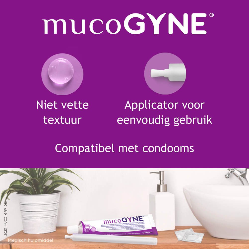 Verpakking Mucogyne. Tekst en logo. Witte achtergrond.