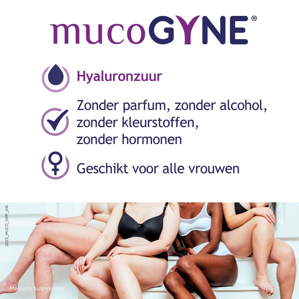 Verpakking Mucogyne. Tekst en logo. Witte achtergrond.