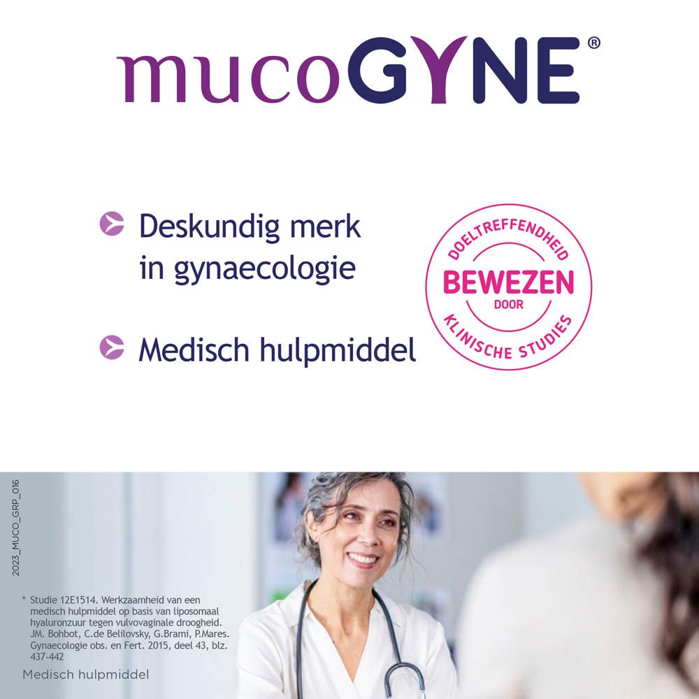 Verpakking Mucogyne. Tekst en logo. Witte achtergrond.