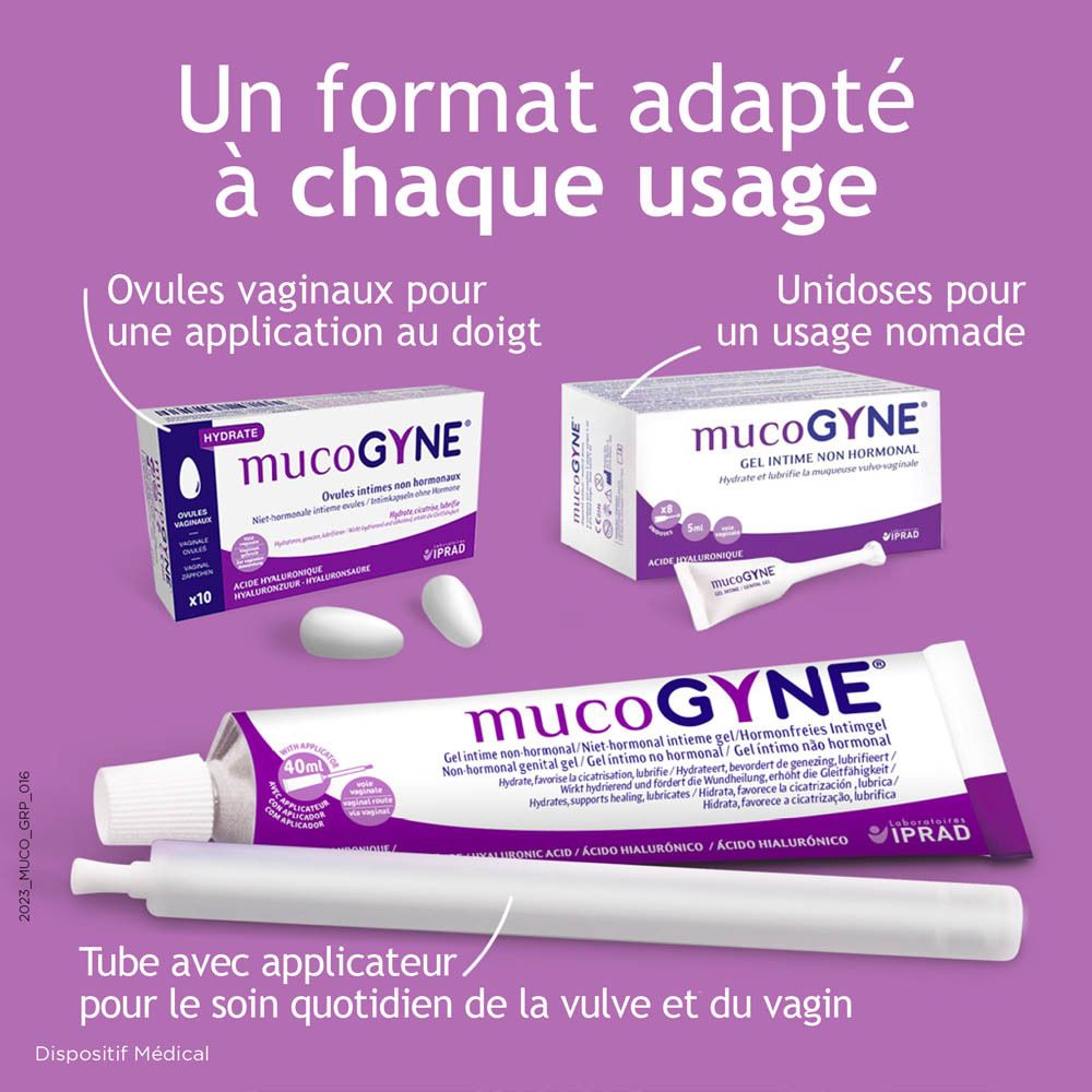 Boîte Mucogyne. Texte et logo. Fond blanc.