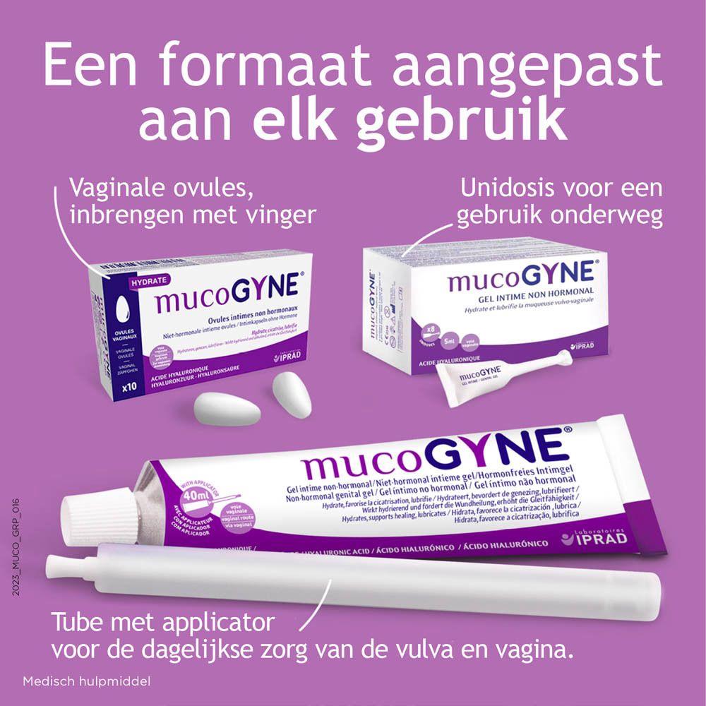 Verpakking Mucogyne. Tekst en logo. Witte achtergrond.