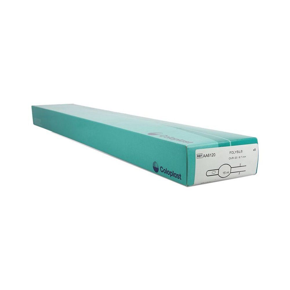 Emballage turquoise. Marque Coloplast. Sur le côté : FDL15LP, CH20, 41 cm. Avec indication 15 ml.