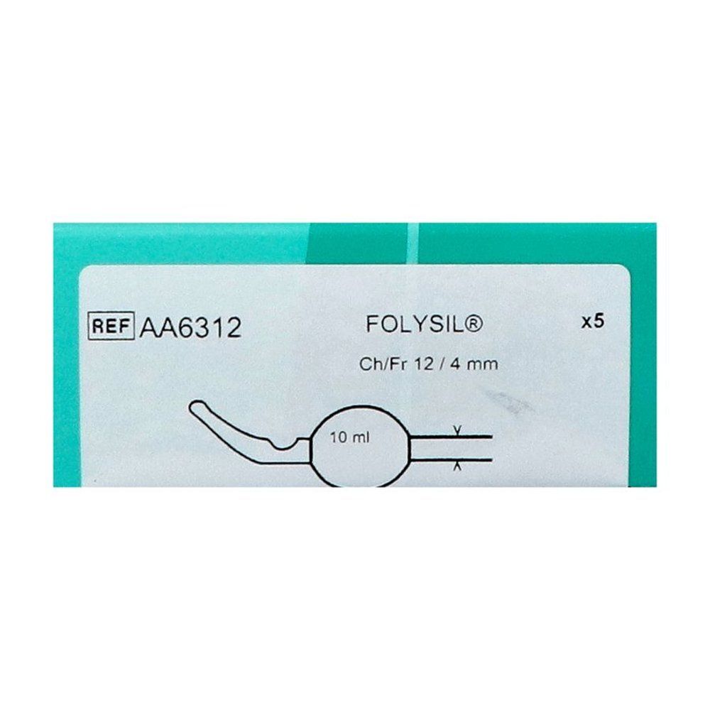 Verpakking met productillustratie. Opschrift: FOLYSIL, Ch/Fr 12/4 mm, 10 ml. REF AA6312. Groen en wit.