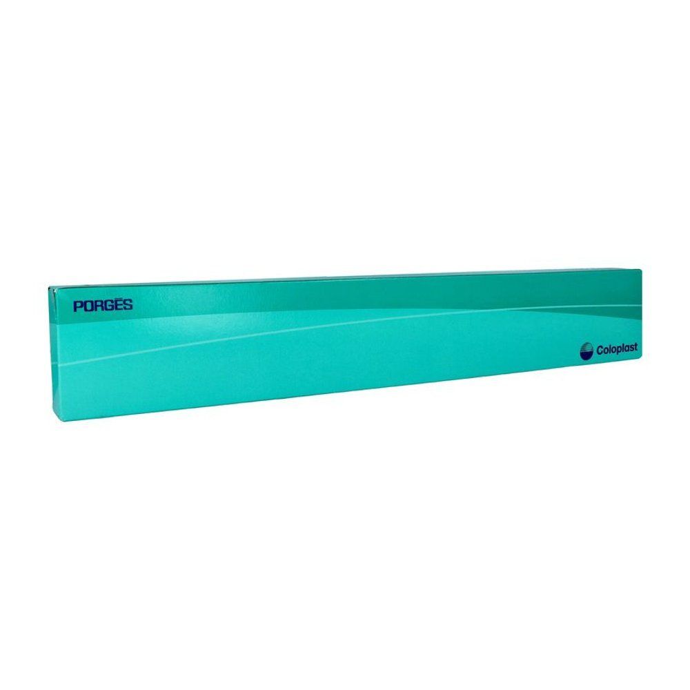 Lange, smalle verpakking. Opschrift: PORGES en Coloplast. Turquoise en wit.