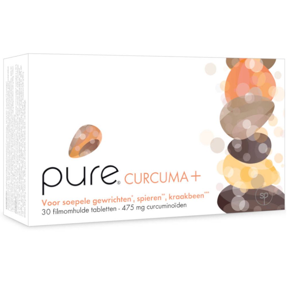 Witte doos "pure. CURCUMA+". Opschrift: 30 filmomhulde tabletten, 475 mg curcuminoïden. Illustratie van gekleurde vormen.