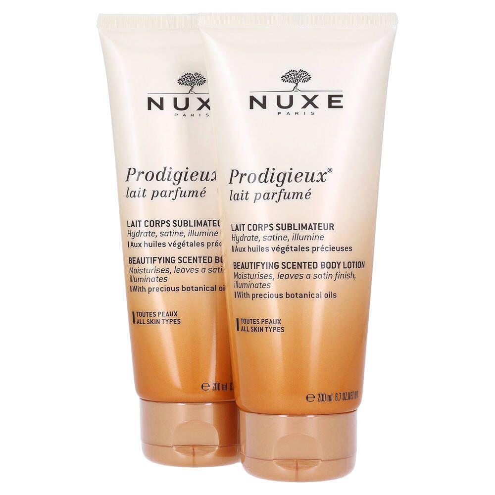 Deux tubes de lait corporel NUXE Prodigieux®. Tubes blanc-doré avec bouchons marron. Nom du produit et texte clairement visibles.