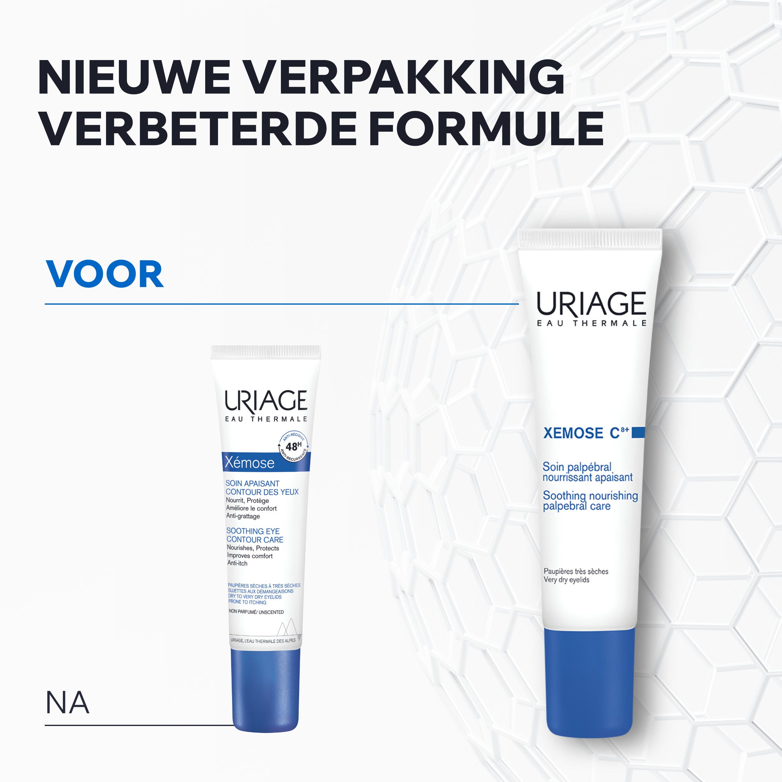 Voor-na vergelijking. Uriage Xémose oogcontourverzorging. Tekst.