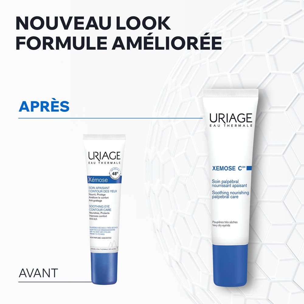 Comparaison avant-après. URIAGE Xémose C+ Soin contour des yeux. Texte.