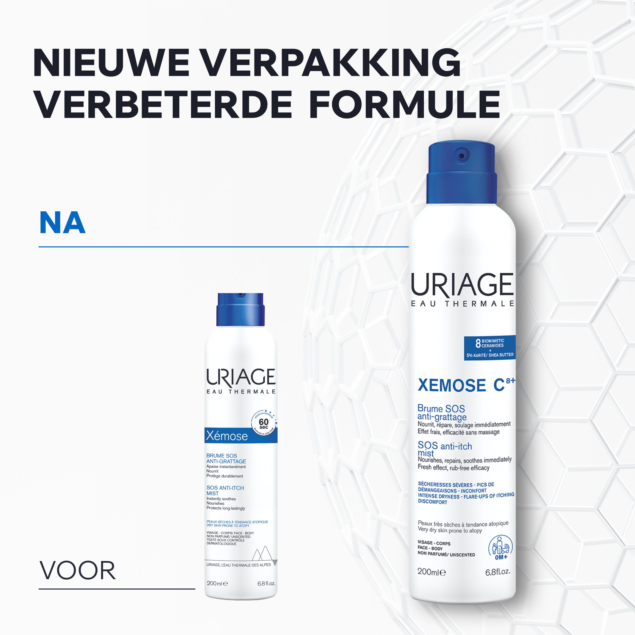 Uriage Xémose spray. Witte fles, blauwe spuitkop. Tekst: Xémose, SOS anti-jeuk mist. 200ml.