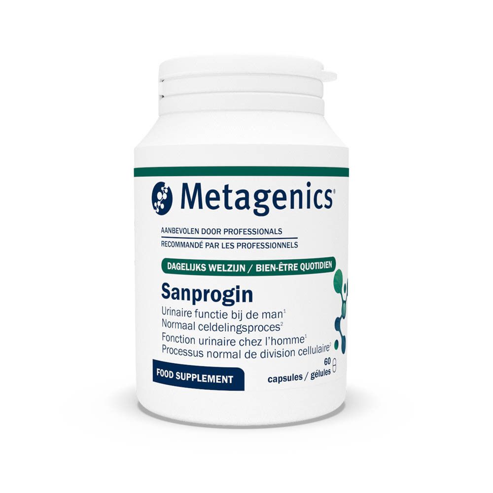 Witte fles met capsules. Opschrift "Sanprogin" en "Metagenics". 60 capsules/gélules. Tekst in het Frans en Nederlands.