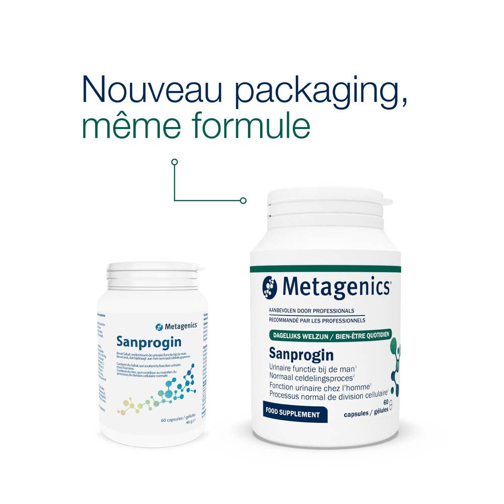 Deux flacons de capsules. Inscription "Sanprogin" et "Metagenics". Texte en français et néerlandais.