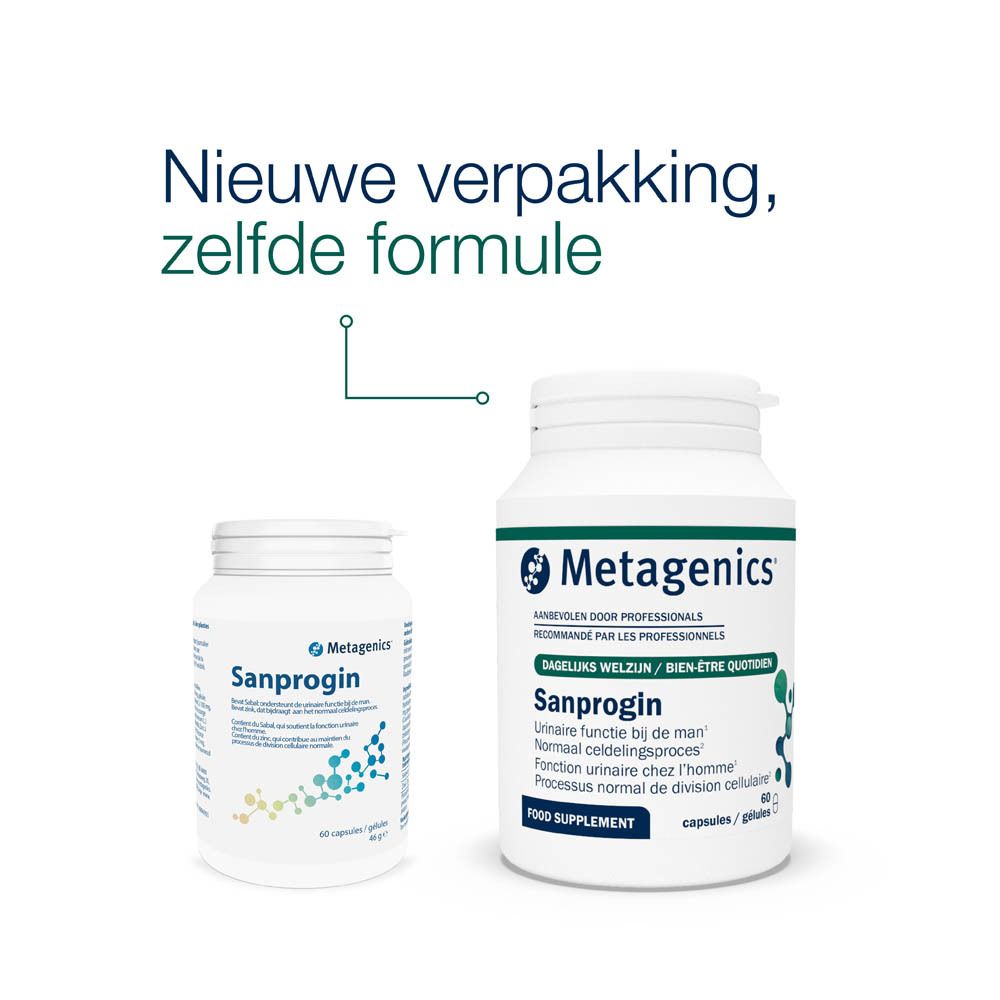 Twee flessen met capsules. Opschrift "Sanprogin" en "Metagenics". Tekst in het Frans en Nederlands.