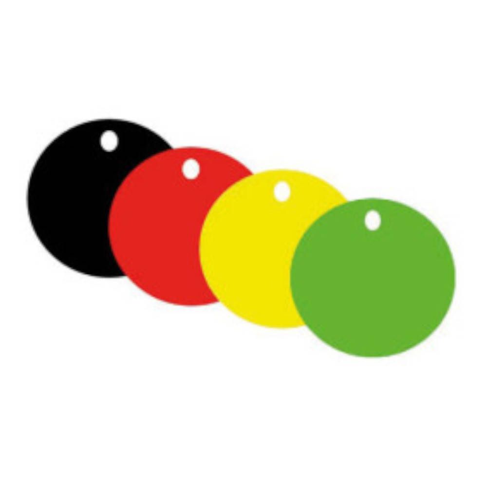 Vier gekleurde, ronde schijven met gat. Kleuren: zwart, rood, geel, groen. Rangschikking: overlappend.