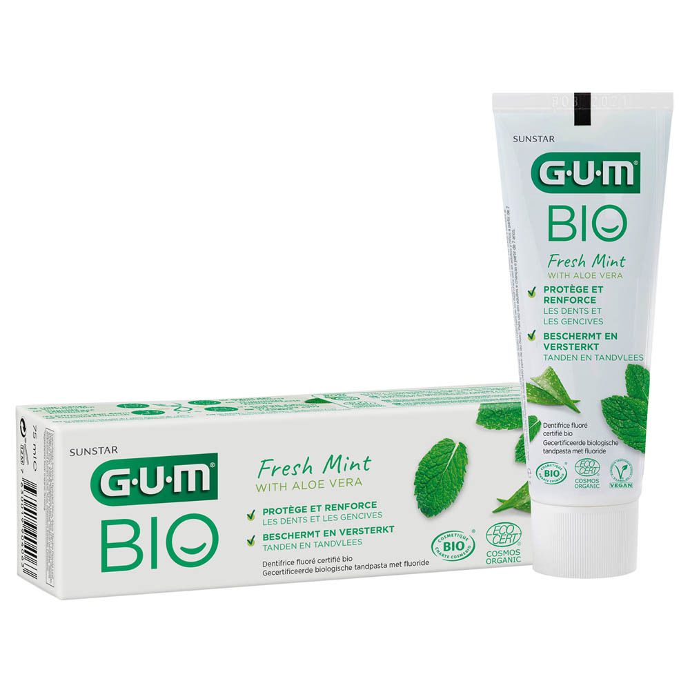 G.U.M® BIO Fresh Mint tandpastatube en -verpakking. Wit, groen. Bevat aloë vera. Bio-certificering en Vegan-keurmerk.