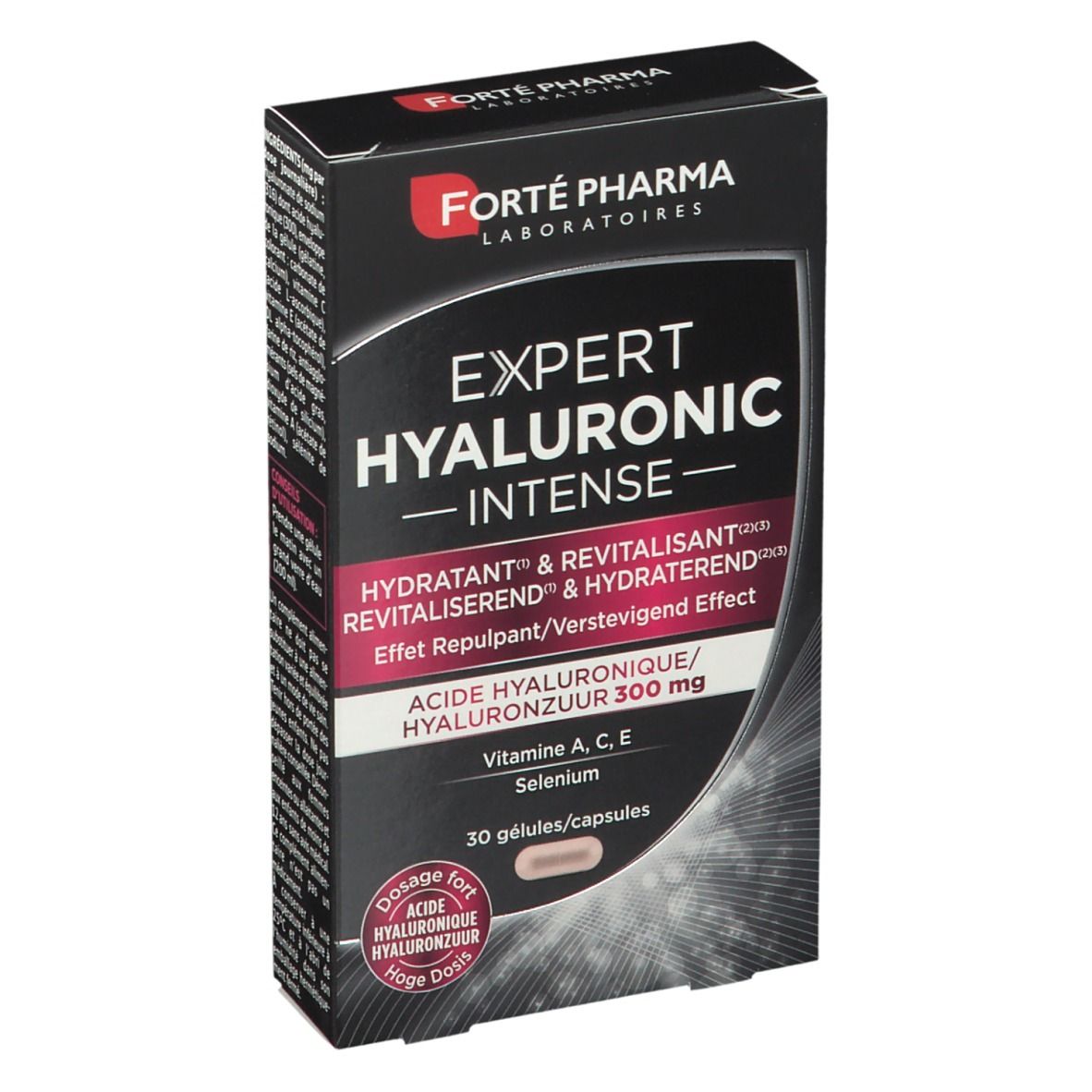 Doosje Expert Hyaluronic Intense capsules. Bevat hyaluronzuur, vitamine A, C, E en selenium. Merk: Forté Pharma.