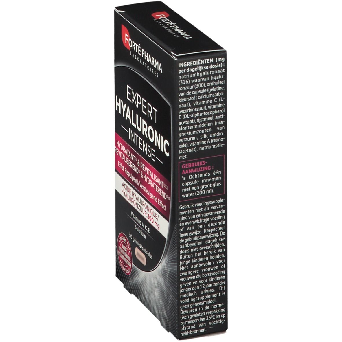 Doosje Expert Hyaluronic Intense capsules. Bevat hyaluronzuur, vitamine A, C, E en selenium. Merk: Forté Pharma.