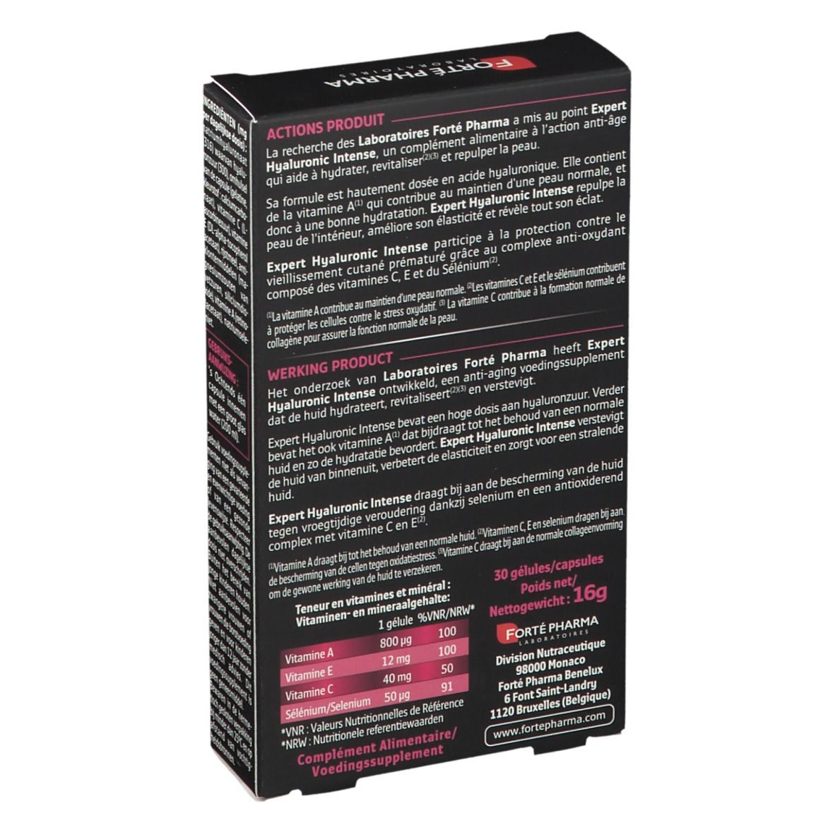Doosje Expert Hyaluronic Intense capsules. Bevat hyaluronzuur, vitamine A, C, E en selenium. Merk: Forté Pharma.