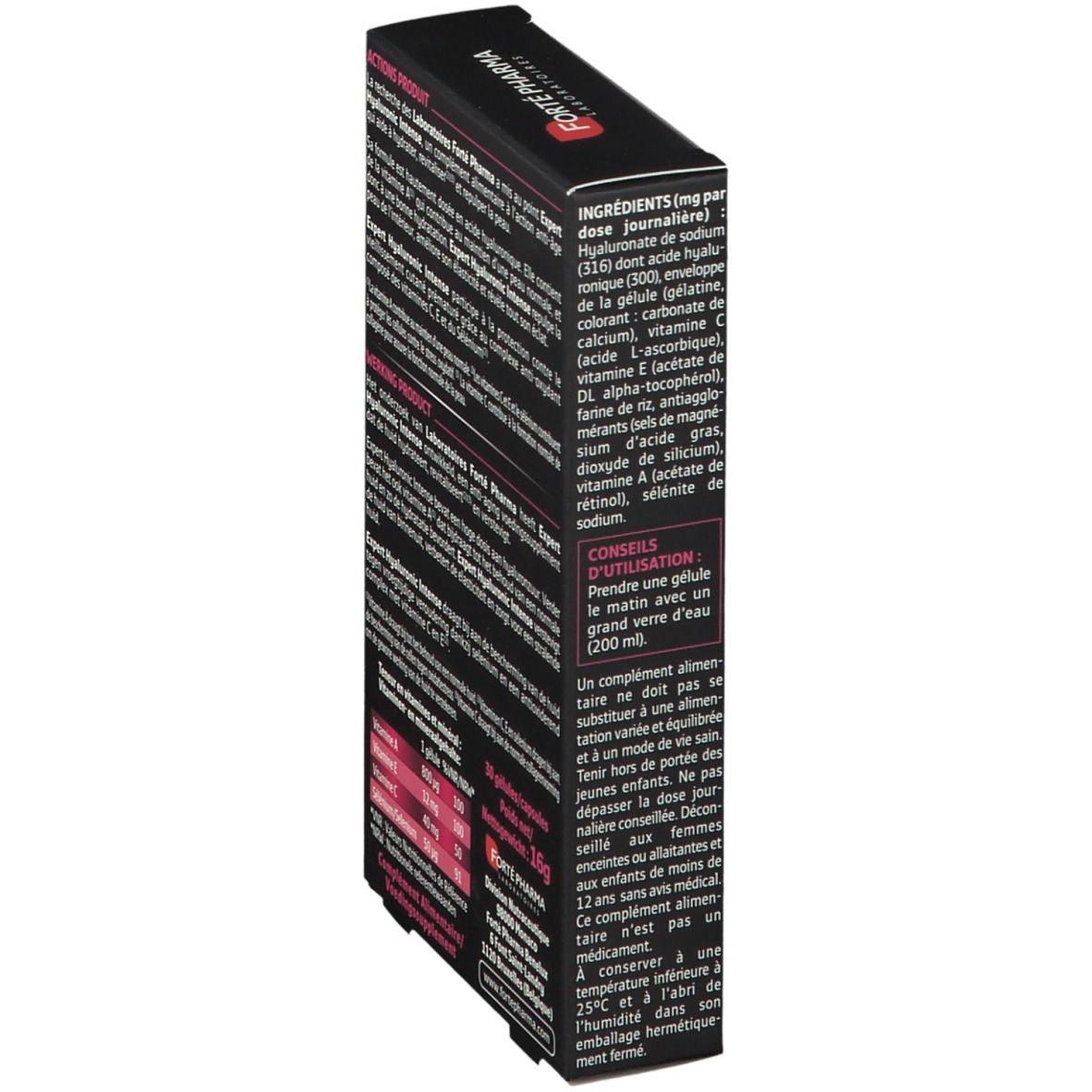 Achterkant doosje Expert Hyaluronic Intense capsules. Ingrediënten, gebruiksaanwijzing. Merk: Forté Pharma.