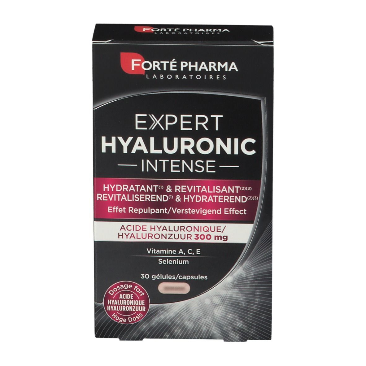 Achterkant doosje Expert Hyaluronic Intense capsules. Ingrediënten, gebruiksaanwijzing. Merk: Forté Pharma.