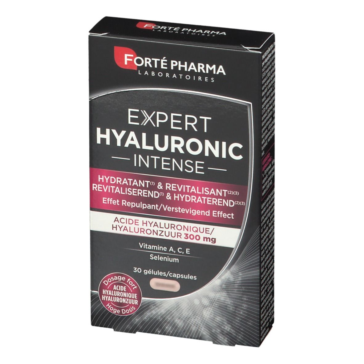 Doosje Expert Hyaluronic Intense capsules. Bevat hyaluronzuur, vitamine A, C, E en selenium. Merk: Forté Pharma.
