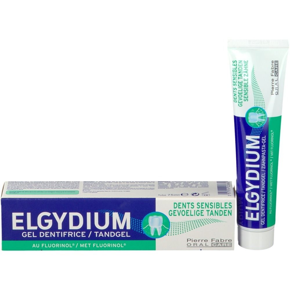 Tube et boîte de gel dentifrice. Texte: ELGYDIUM, Dents sensibles, Pierre Fabre. Vert, bleu, blanc.
