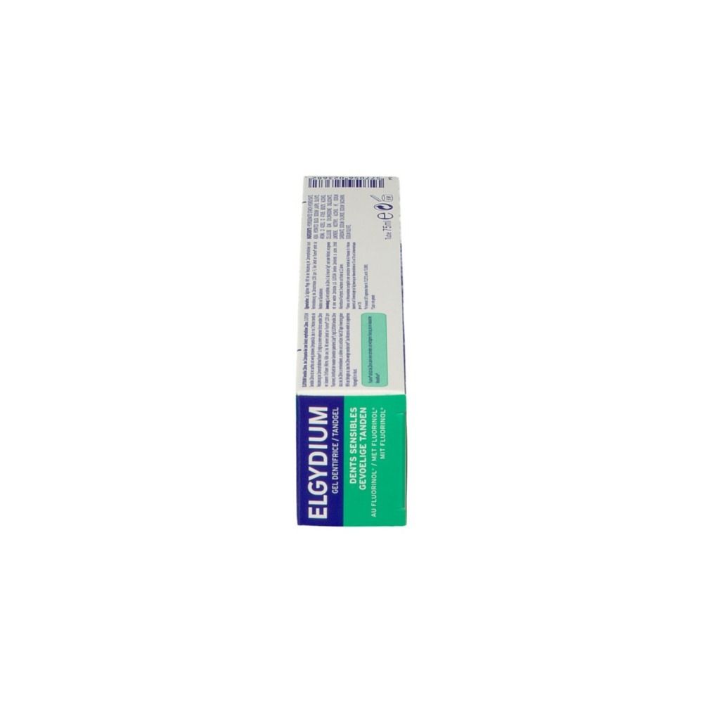 Côté de la boîte de gel dentifrice. Texte: ELGYDIUM. Vert, bleu, blanc.