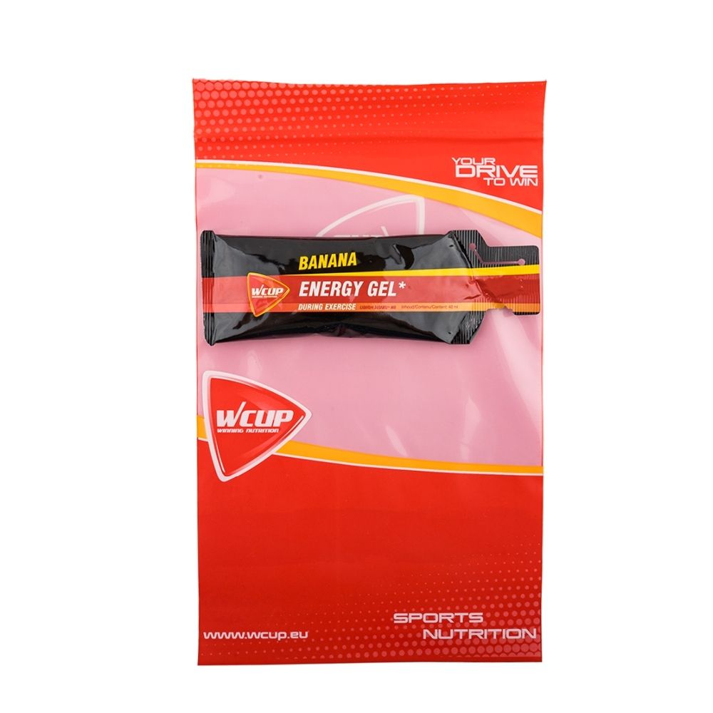 Individuele banaan energie gel in rode verpakking met logo en tekst.