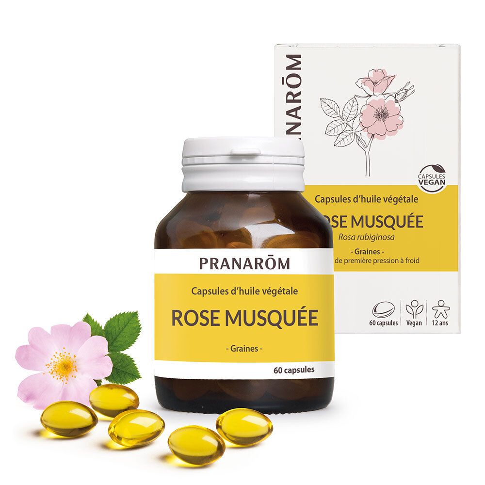 Bruine fles en doos met capsules. Opschrift: Rose Musquée, 60 capsules, vegan. Bloem en capsules zichtbaar.