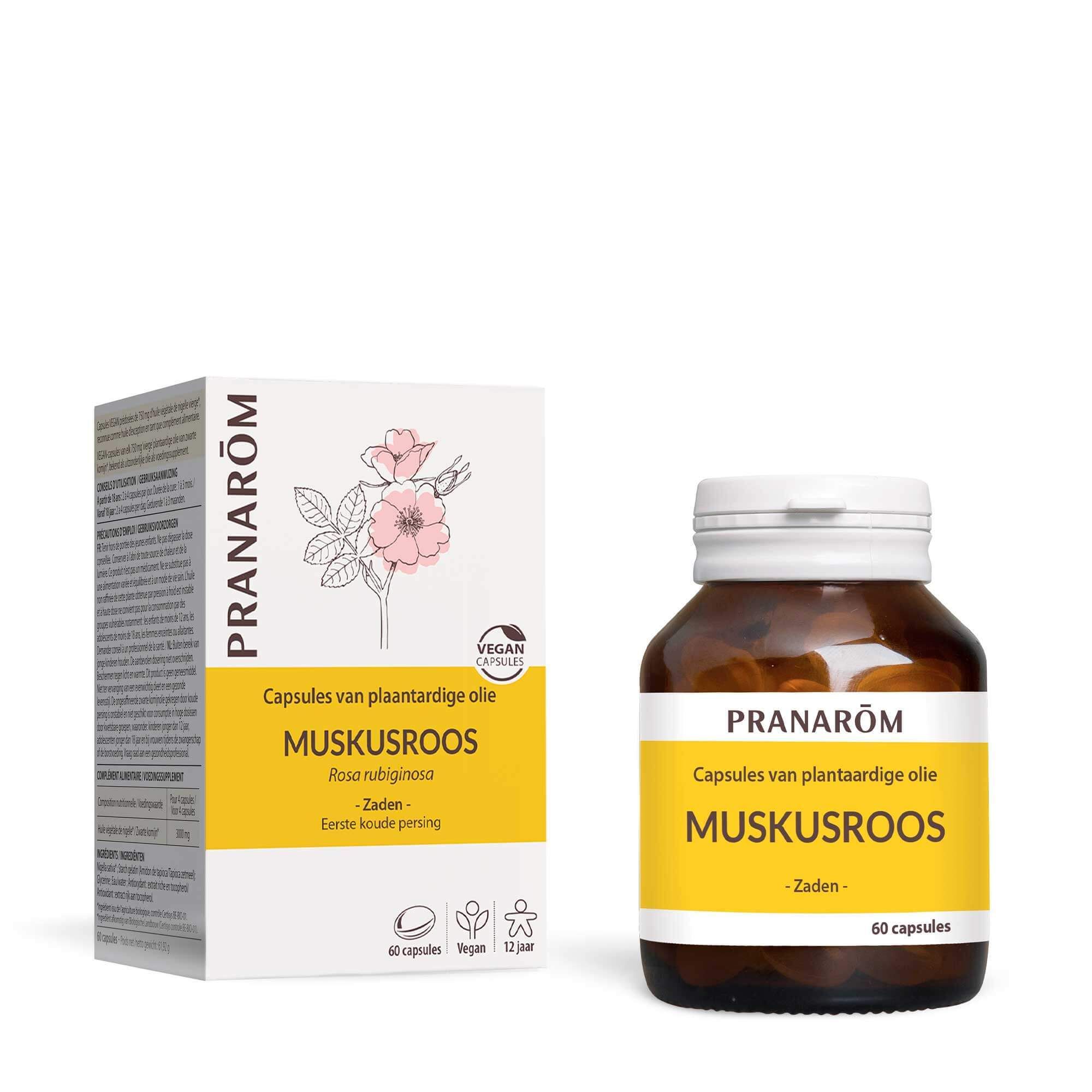 Bruine fles en doos. Opschrift: Muskusroos, 60 capsules, vegan.