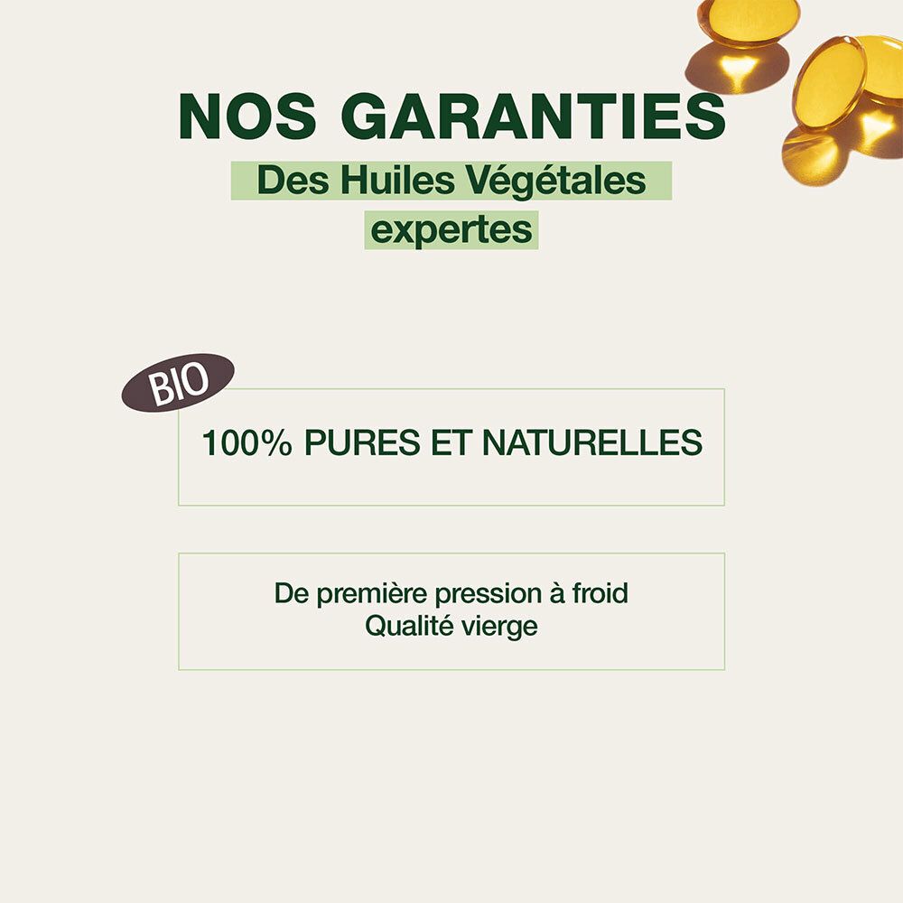 Texte sur les garanties des huiles végétales. Label Bio et texte: 100% pures et naturelles, pression à froid.