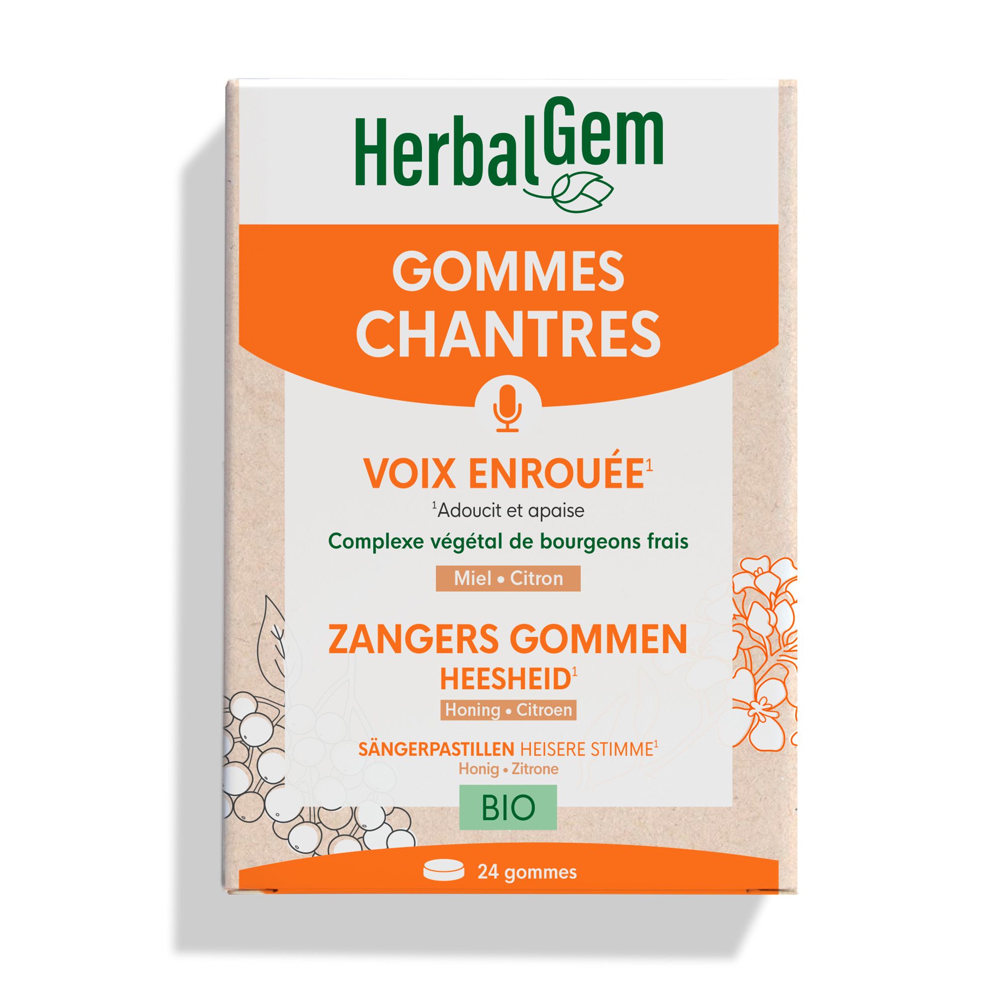 Doos HerbalGem Kaubonbons, Gommes Chantres Bio, Voix enrouée. 24 gummies. Bio-label. Illustratie van bloemen en fruit.