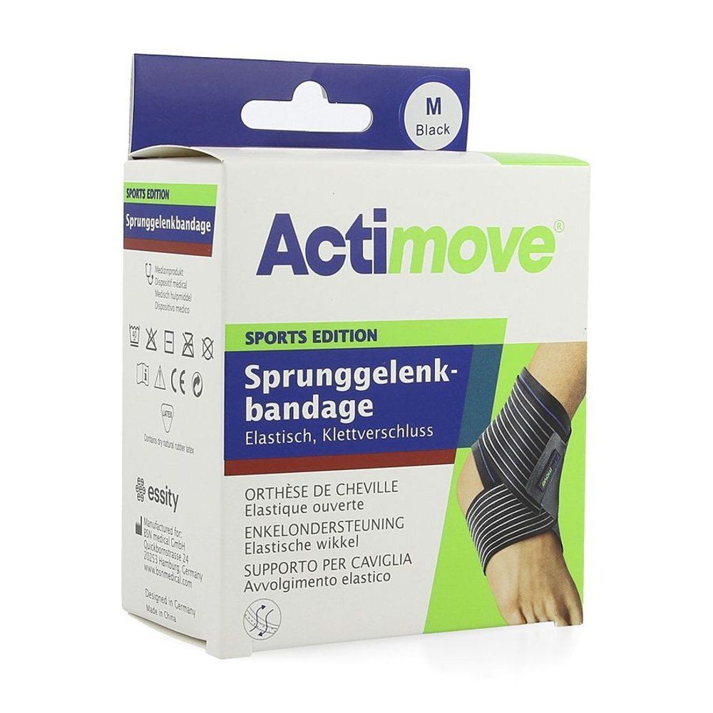 Actimove enkelbrace, zwart, maat M, elastisch, met klittenbandsluiting.
