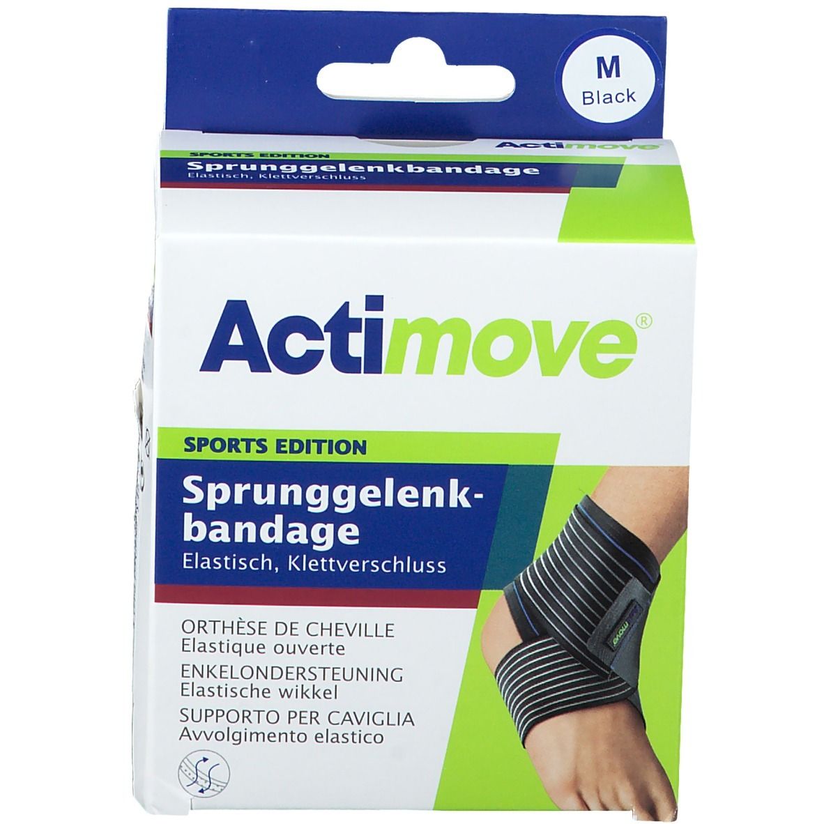 Verpakking van de Actimove enkelbrace. Zwart, maat M. Tekst: Sprunggelenkbandage.