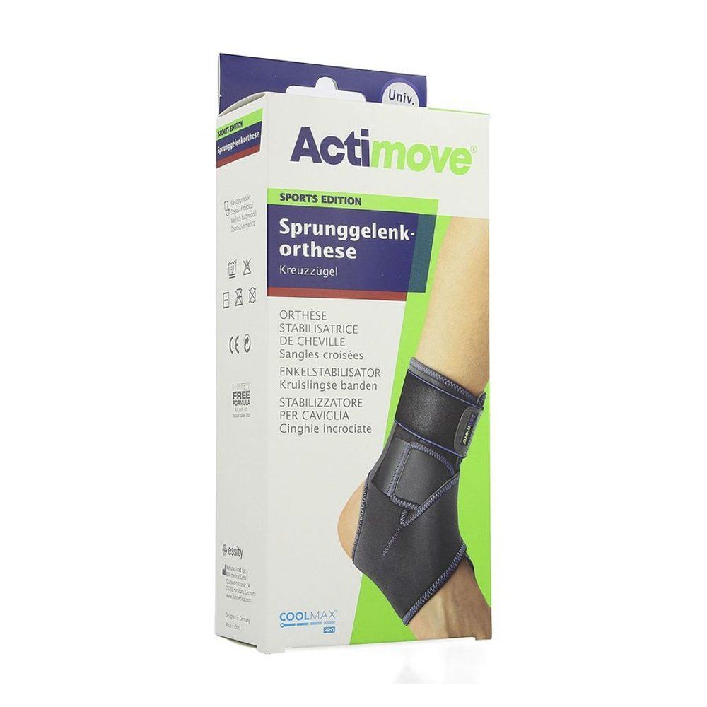 Verpakking Actimove Sport Stabilizer Cheville. Zwarte enkelbrace, gedeeltelijk getoond op een been. Tekst: Sprunggelenkorthese.