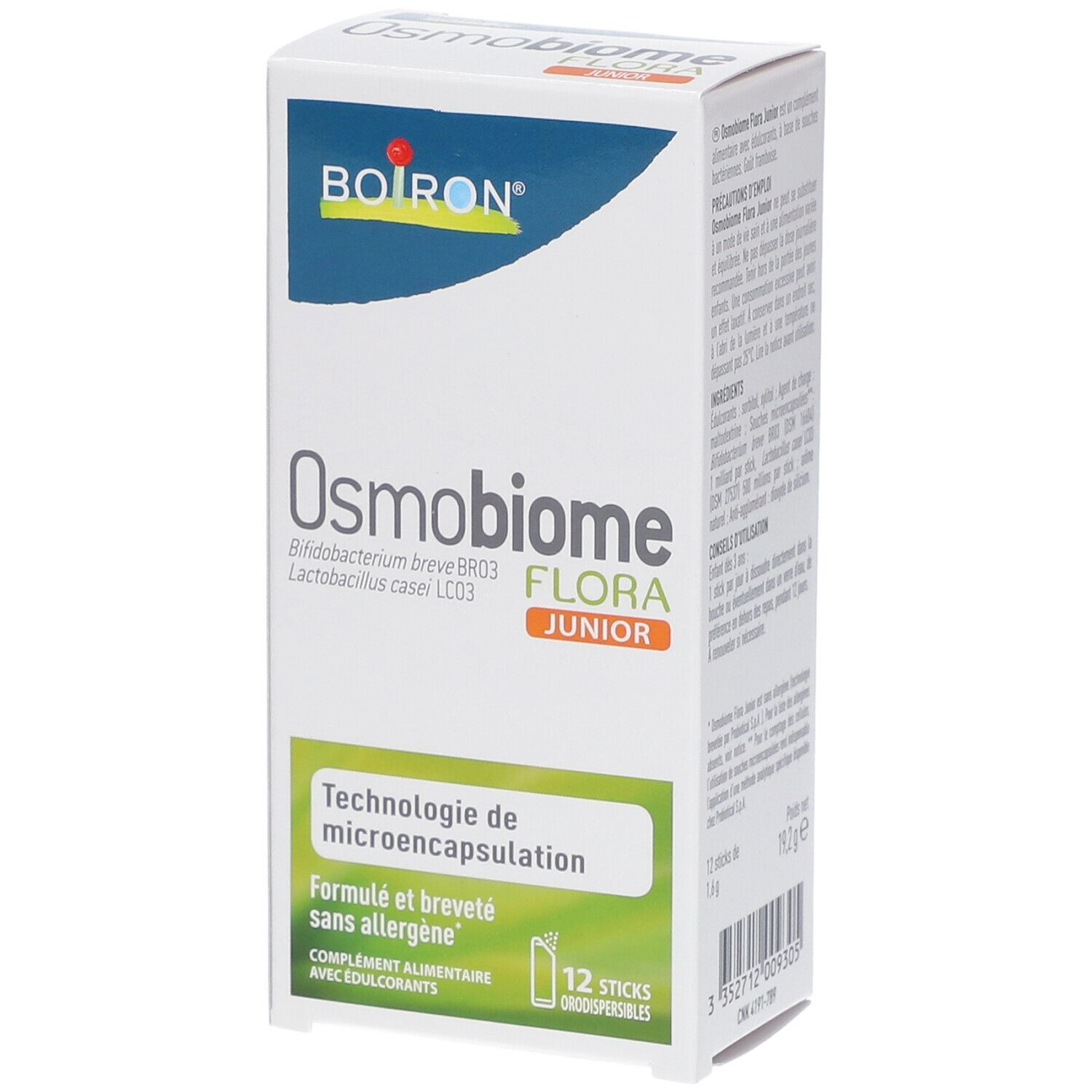 Doos BOIRON® Osmobiome® Flora Junior. 12 sticks. Micro-inkapseling technologie. Zonder allergenen.