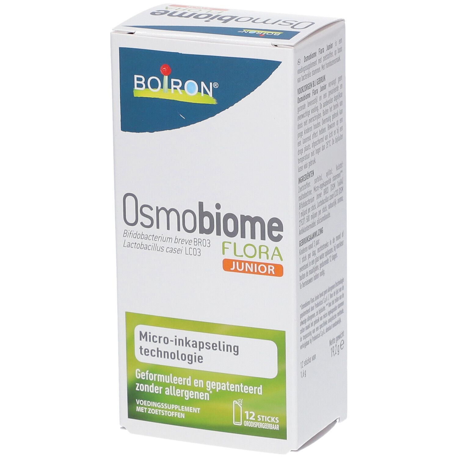 Doos BOIRON® Osmobiome® Flora Junior. 12 sticks. Micro-inkapseling technologie. Zonder allergenen.