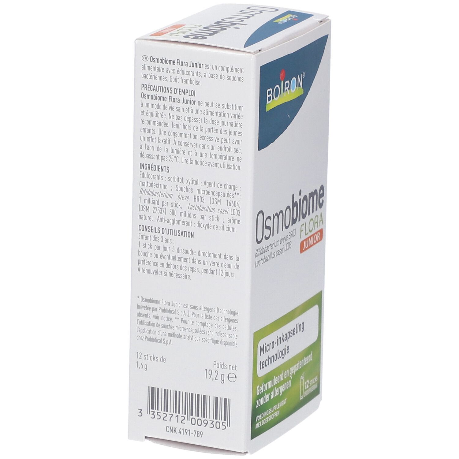 BOIRON® Osmobiome® Flora Junior doos, zijaanzicht. 12 sticks. Ingrediënten en tekst. 19,2g.