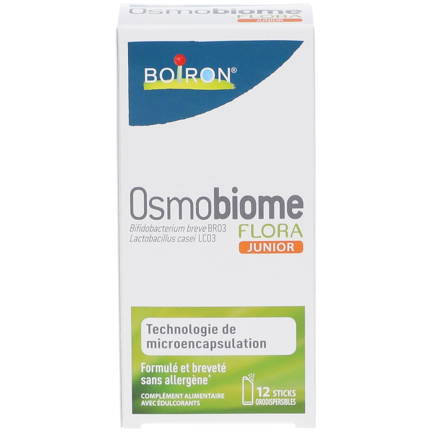 Doos BOIRON® Osmobiome® Flora Junior. 12 sticks. Micro-inkapseling technologie. Zonder allergenen.