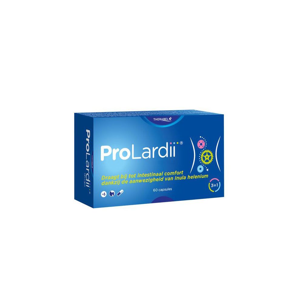 Blauwe doos ProLardii®, 60 capsules. Opschrift: Dragt bij tot intestinaal comfort dankzij de Inula helenium. Logo: 3 in 1.