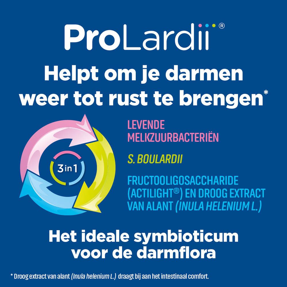 ProLardii® reclame. Helpt om je darmen weer tot rust te brengen. Levende melkzuurbacteriën.