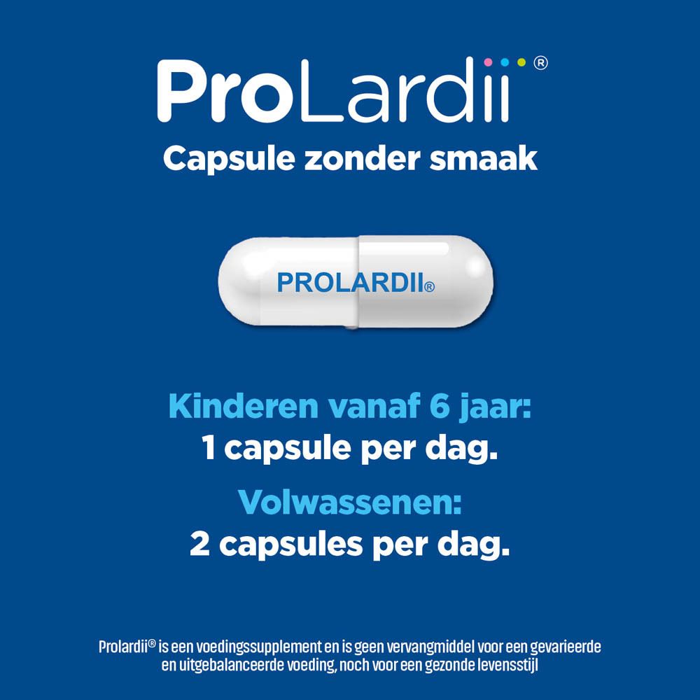 ProLardii® capsule zonder smaak. Dosering: 1 capsule/dag vanaf 6 jaar, 2 capsules/dag volwassenen.