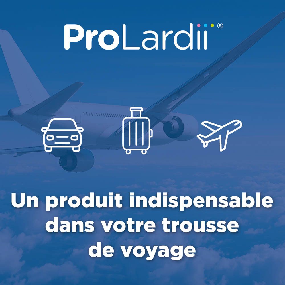 Publicité ProLardii®. Indispensable en voyage. Symboles voiture, valise, avion.