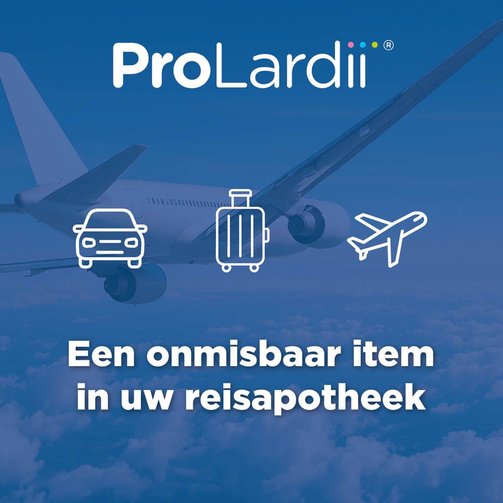 ProLardii® reclame. Een onmisbaar item in uw reisapotheek. Auto, koffer, vliegtuig symbolen.