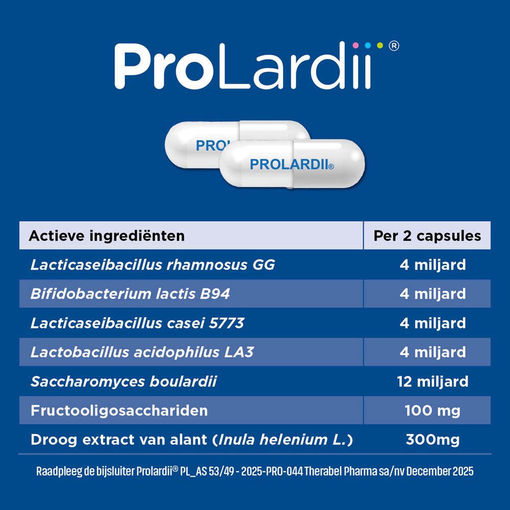 ProLardii® reclame. Ingrediënten: Lacti., Bifido., Sacch., Fructo-oligo., droog extract.
