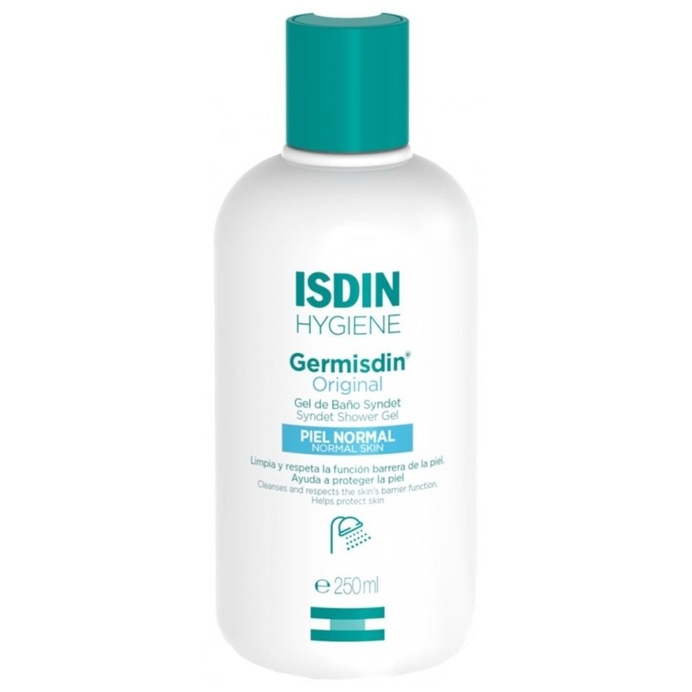 Witte fles met turquoise dop. Opschrift: ISDIN Hygiene Germisdin Original. 250ml.