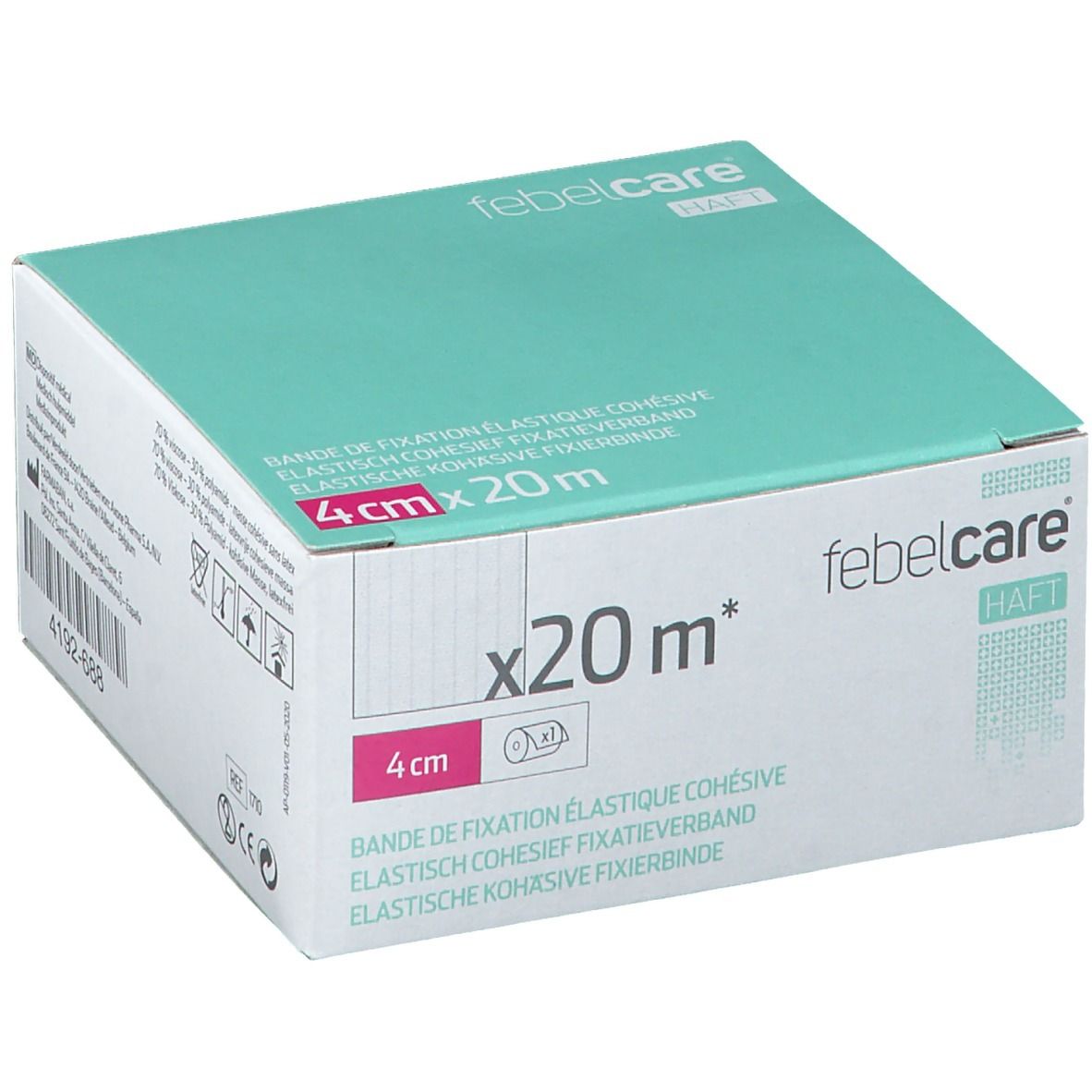 Verpakking van elastisch zelfklevend verband. Afmeting: 4 cm x 20 m. Merk: Febelcare Haft.