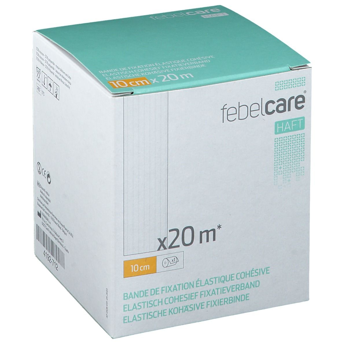 Witte doos met groene deksel. Opschrift: 10 cm x 20 m, Febelcare Haft. Meertalige tekst.